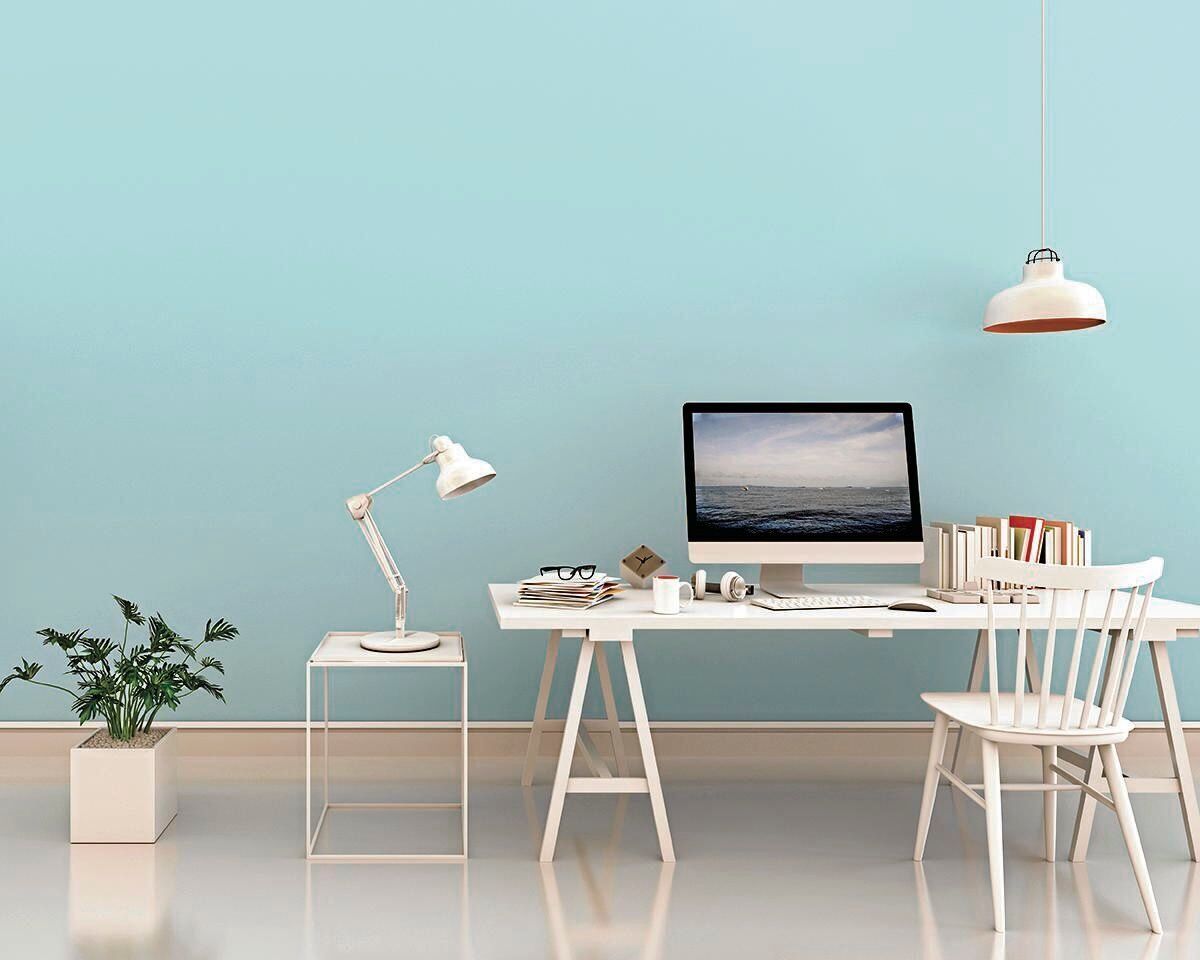 3D rendering of interior modern living room bright workspace with desk and laptop computer and green plants
